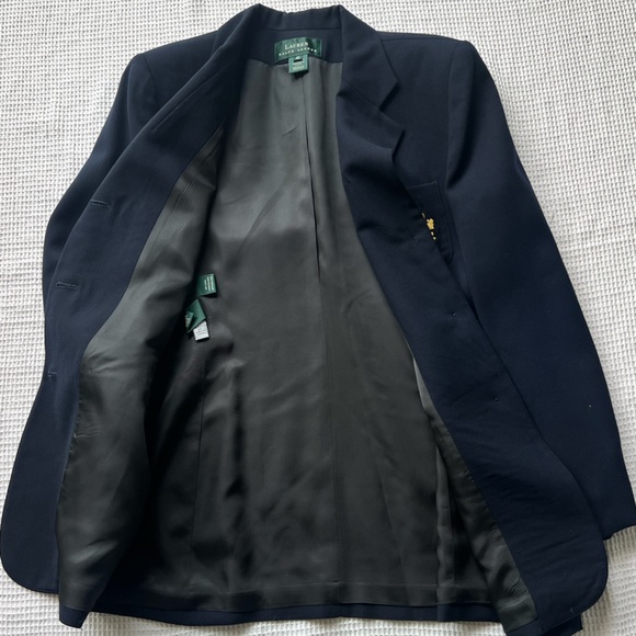 Lauren Ralph Lauren Navy Blue Preppy Academia Gold Logo Crest Wool Blazer sz 10 - Picture 11 of 12